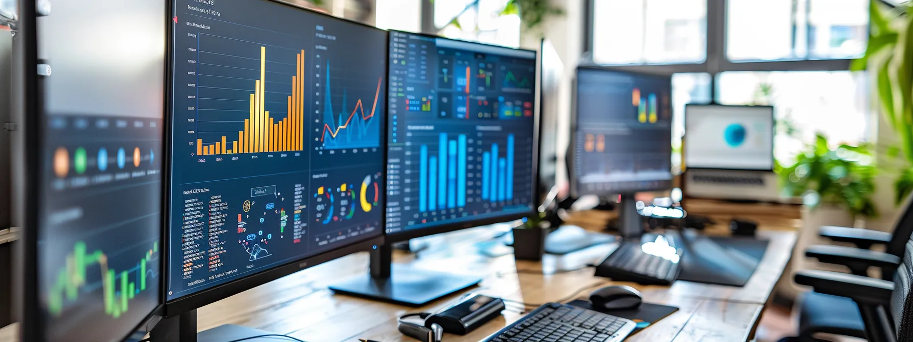 a sleek, modern office space features multiple high-resolution monitors displaying colorful graphs and metrics, showcasing real-time api performance data in a professional and tech-focused environment.