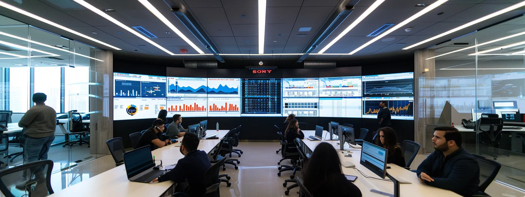 a sleek, modern office space showcases a team engaged in a focused discussion around a large screen displaying detailed graphs and charts of api testing tools, illuminated by bright overhead lights that highlight their expressions of determination and collaboration.