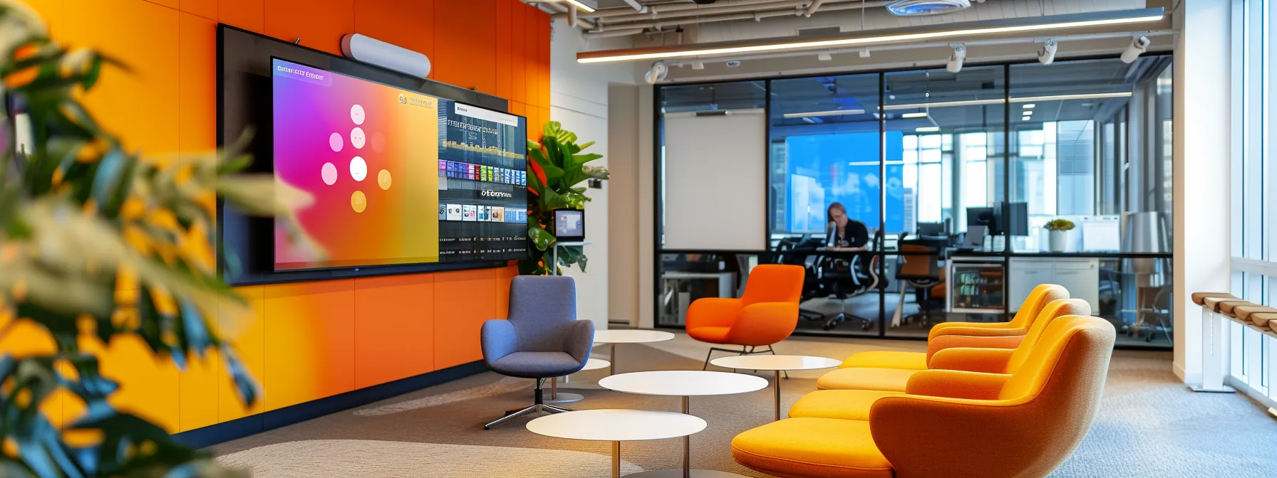 a sleek modern office space showcases a professional engaged in a dynamic brainstorming session, surrounded by vibrant branding materials and digital screens projecting strategic positioning concepts.