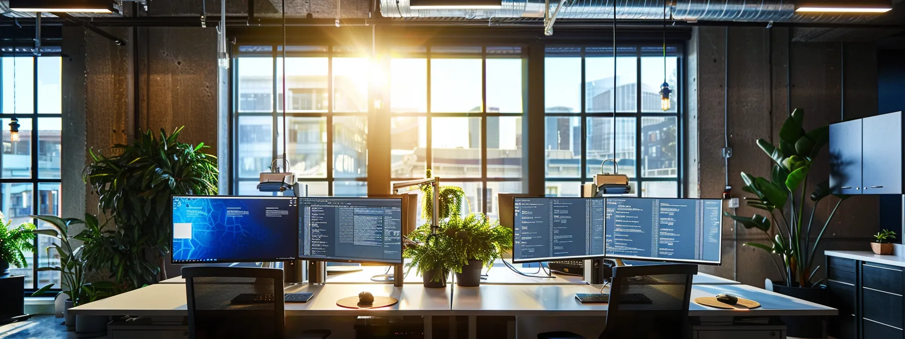a sleek, modern office workspace is illuminated by cool, artificial lighting, featuring dual monitors displaying intricate api testing software interfaces and data analytics, highlighting the integration of ai and machine learning in enhancing software quality.