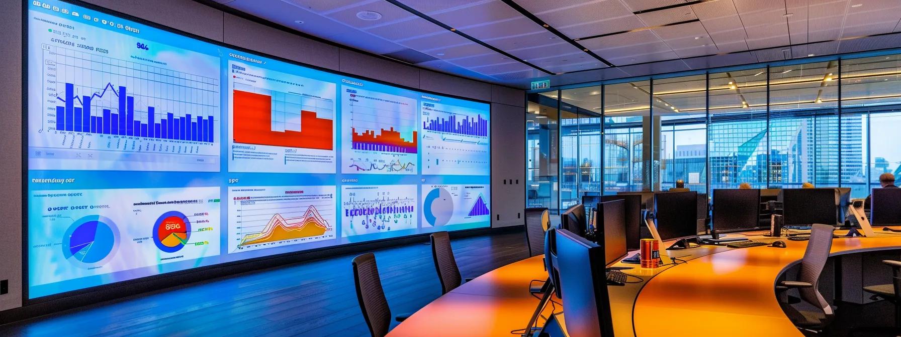 a sleek, modern office workspace displays a large digital screen showcasing an interactive dashboard of courier cost metrics, while a group of focused business professionals analyzes data charts and graphs to strategize cost-saving shipping solutions.