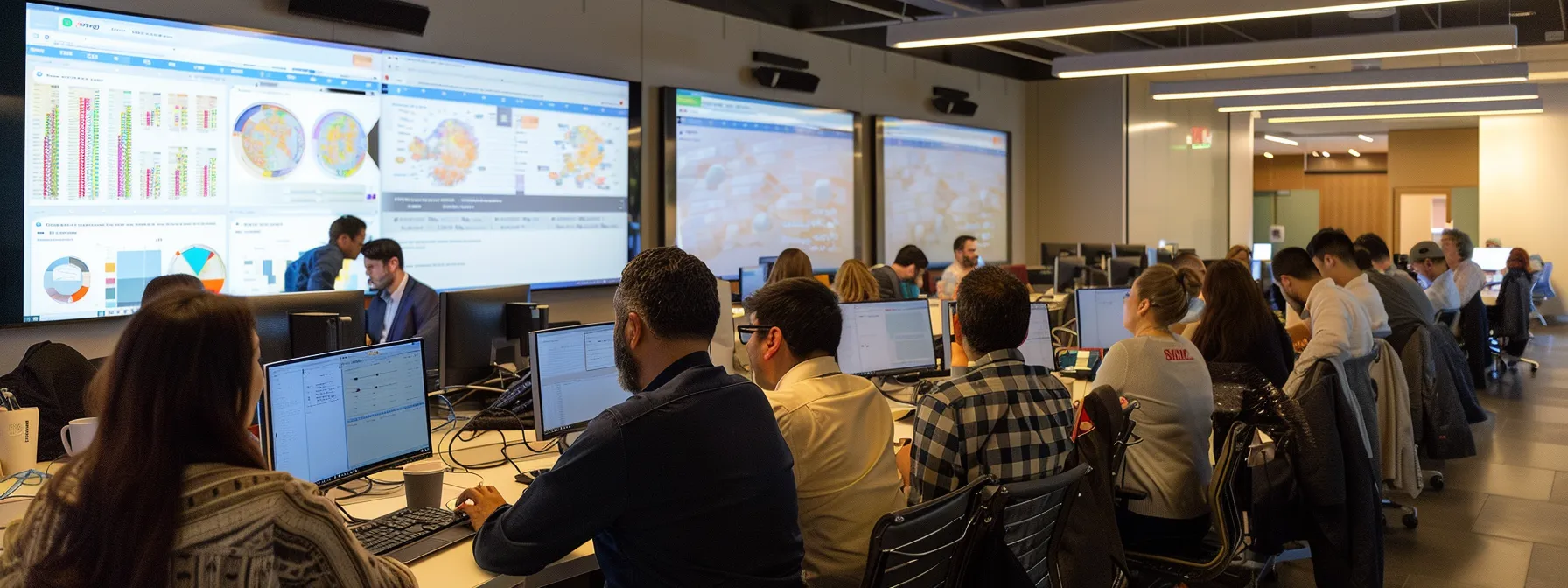 a visually engaging office scene features a diverse group of professionals collaborating over computers, intently discussing api testing methods while analyzing data on digital screens illuminated by soft overhead lighting.