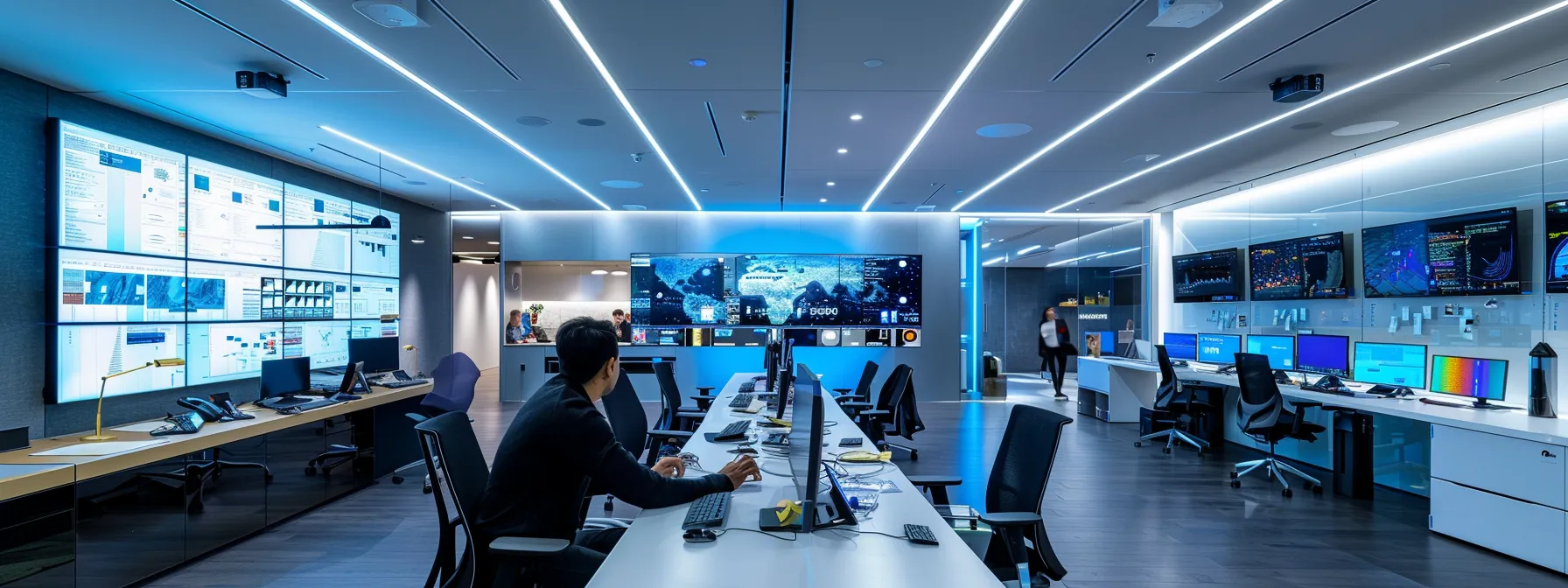 an intensely focused developer examines a sleek, modern workspace adorned with multiple screens displaying complex api testing data, illuminated by sharp fluorescent lighting that enhances the high-tech ambiance.
