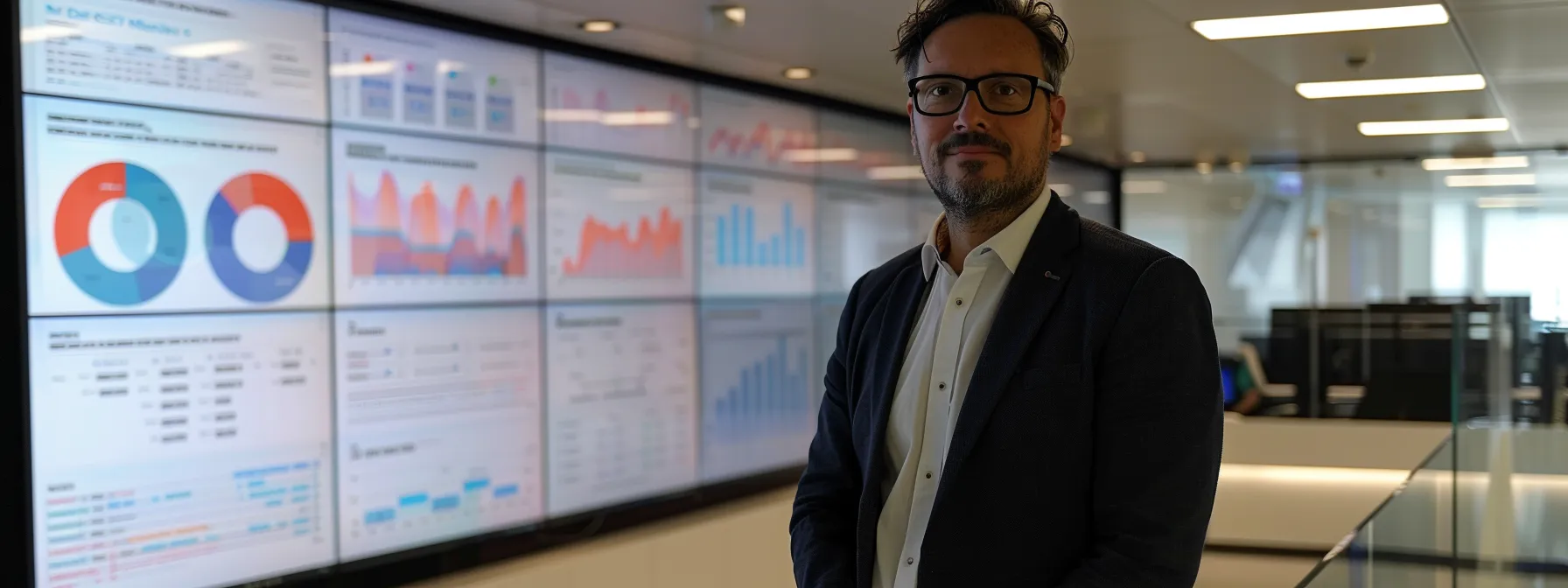 a confidently poised professional in a sleek, modern office confidently presents an engaging infographic display featuring ten key indicators of industry expertise, emphasising trustworthiness in a vibrant, well-lit environment.