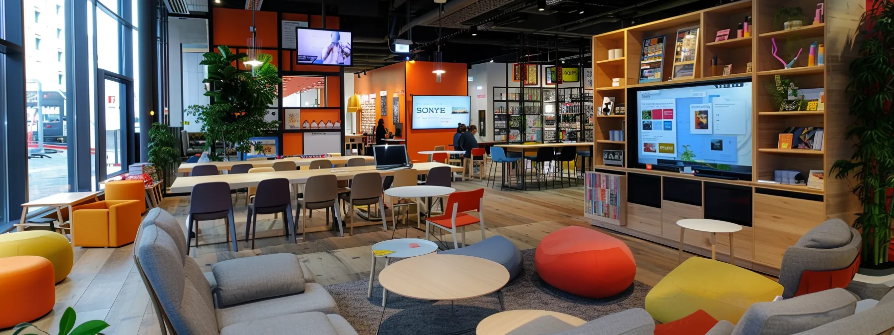 a modern office space filled with professionals engaged in vibrant discussions, showcasing digital content on screens and notepads, symbolising the dynamic sharing of high-value niche expertise.