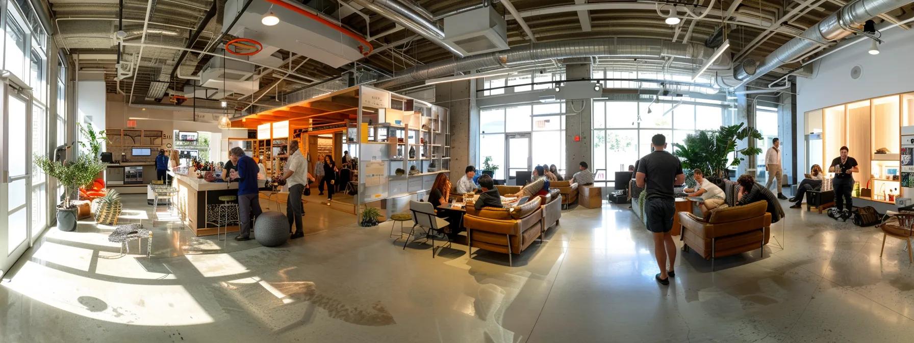 a bright and modern co-working space featuring a diverse group of digital nomads deeply engaged in strategic discussions and utilizing technology to optimize their long-term remote work journeys.