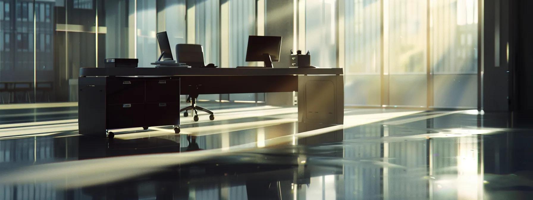 a serene, uncluttered modern office space featuring a sleek desk with minimal decor, promoting a sense of clarity and focus that embodies the principles of minimalism.