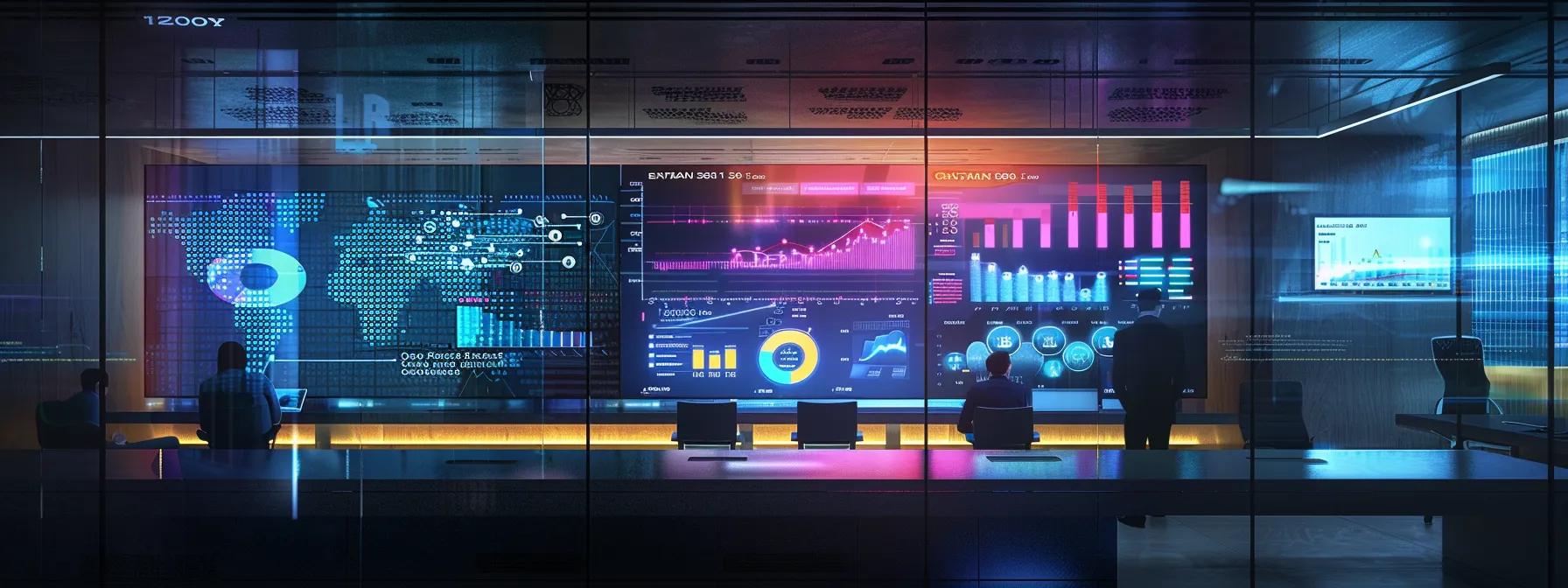 a sleek, modern digital marketing office showcases an interactive dashboard displaying colorful graphs and real-time data analytics, highlighting advanced seo metrics and insights, with professionals engaged in strategic discussions around optimizing online visibility.