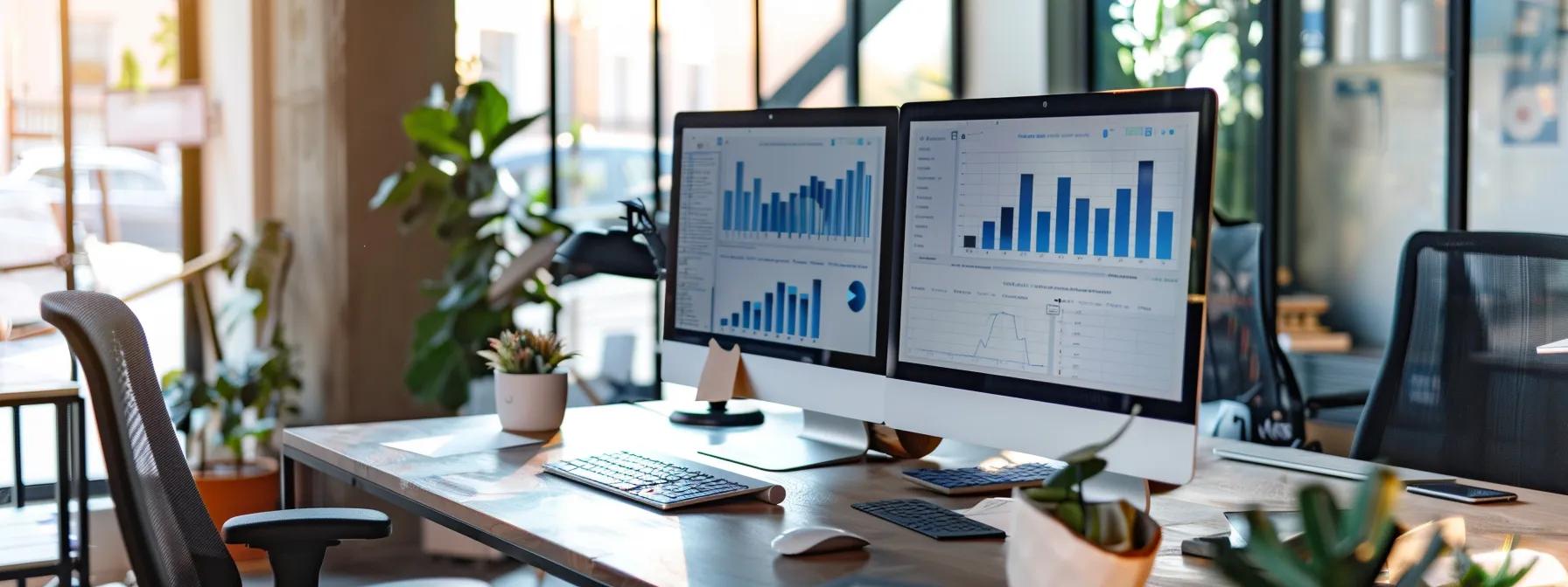 a sleek, modern office workspace features multiple computer screens displaying dynamic analytics and seo reports, illuminated by ambient lighting, signifying the impact of search atlas on boosting online visibility through advanced data analysis and strategy optimization.