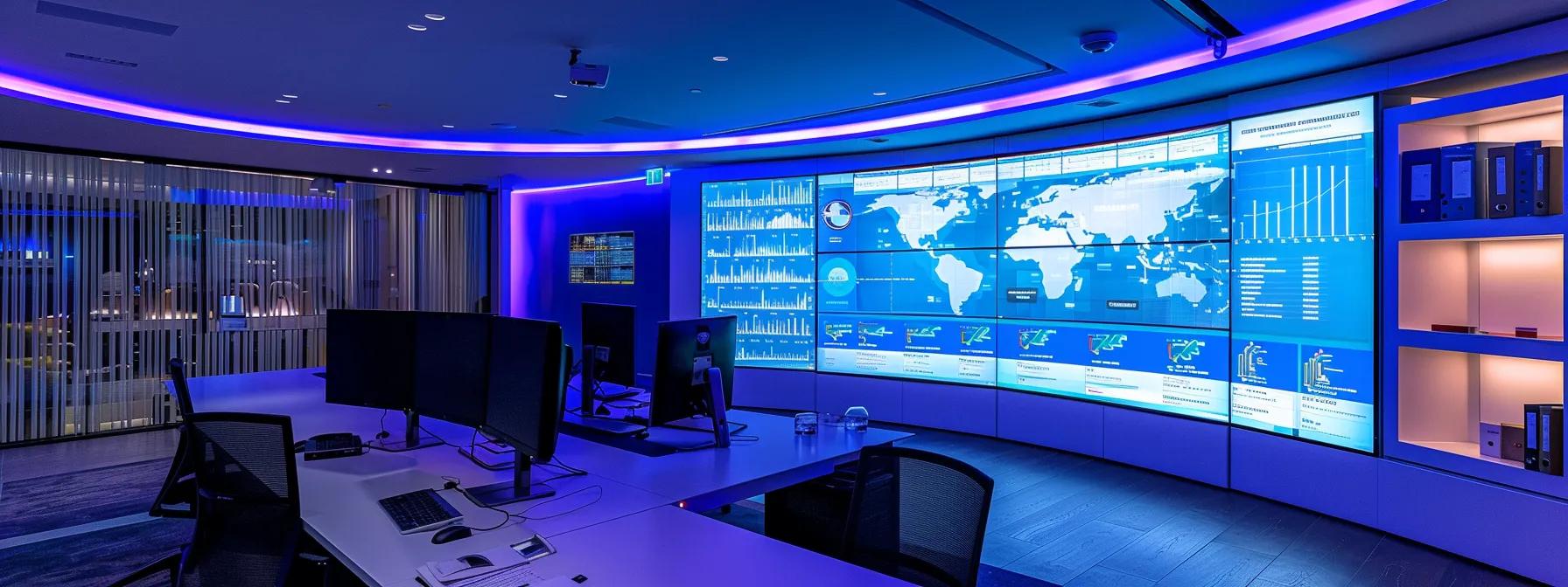 a sleek, modern office workspace illuminated by ambient lighting showcases a large computer screen displaying vibrant analytics graphs and user testimonials, embodying the success of the search atlas tool in enhancing seo strategies for digital marketing agencies.