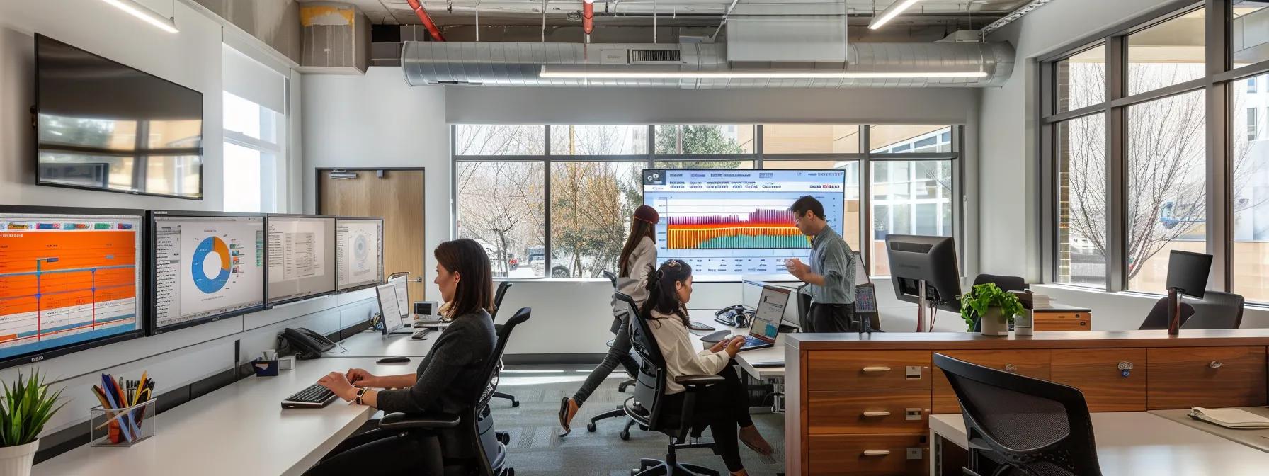 a sleek, modern office workspace showcases professionals analyzing digital marketing data on multiple screens, featuring a centralized dashboard displaying seamless integrations of search atlas with various analytics tools.