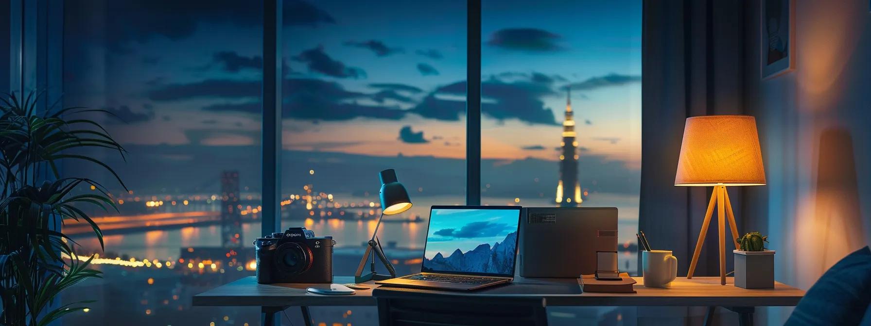 a sleek, modern workspace featuring an ergonomic laptop setup surrounded by essential digital tools, along with a vibrant travel backdrop of iconic landmarks, capturing the essence of a digital nomad's lifestyle.