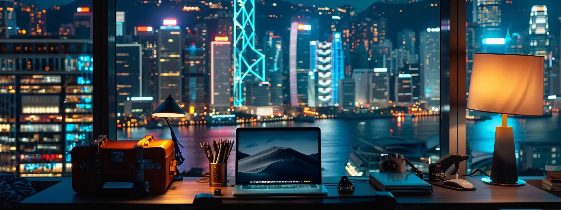 a sleek, modern workspace features a digital nomad multitasking on a laptop, surrounded by travel essentials like a suitcase and a smartphone, set against a vibrant city skyline illuminated by evening lights.