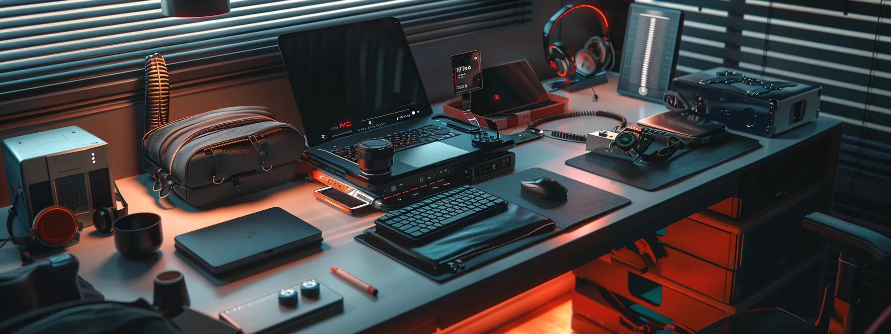 a sleek, modern workspace filled with high-tech gadgets, stylish luggage, and organized digital tools, illuminated by dynamic, artificial lighting, embodies the essence of a digital nomad's essential toolkit for work and travel.