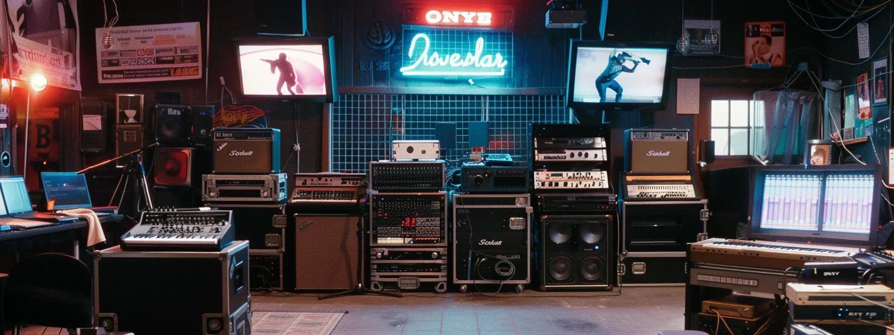 a vibrant 1980s-inspired urban music studio with neon lights, featuring diverse musicians passionately engaged in recording sessions across genres like new wave, heavy metal, and hip-hop, encapsulating the eclectic soundscape of the era.