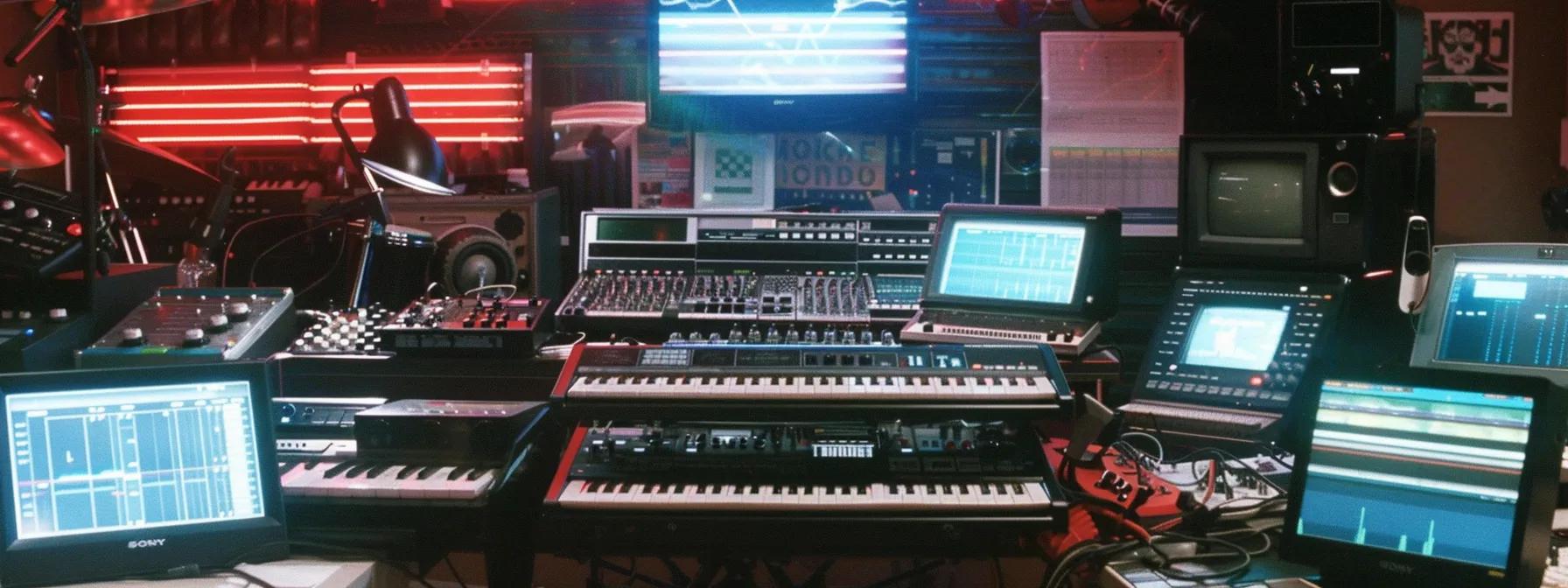 a vibrant 1980s music studio, alive with colorful synthesizers and drum machines, where a celebrated producer fine-tunes a dynamic track, illuminated by neon lights and showcasing a sleek digital interface as sound waves pulse rhythmically on an adjacent screen.