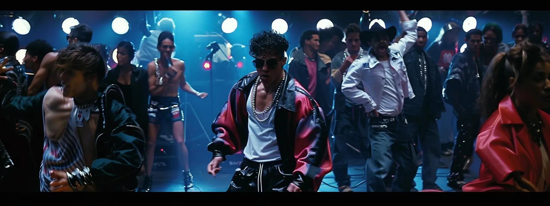 a vibrant 1980s music video set showcases bold costumes and dramatic lighting as a charismatic performer captivates an audience with an electrifying dance routine, illustrating the era's fusion of sound and visual artistry.