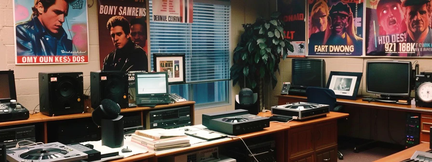 a vibrant 1980s radio studio is alive with dynamic energy as colorful posters of iconic artists like bon jovi and huey lewis adorn the walls, while large vintage microphones capture the excitement of a live on-air discussion buzzing with innovative marketing strategies and vinyl records spinning in the background.