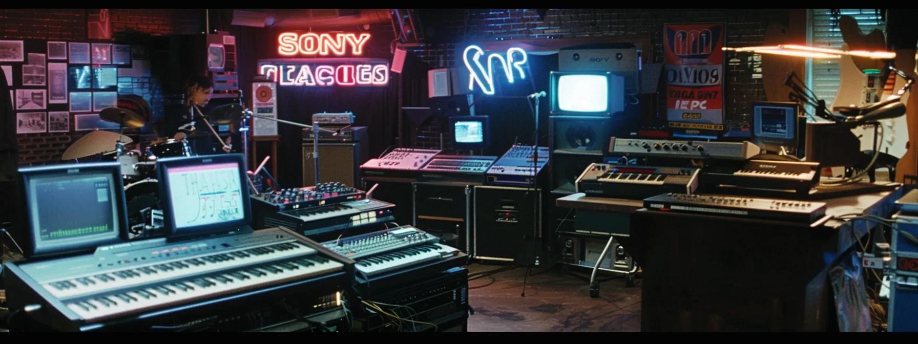 a vibrant 1980s urban music studio, adorned with eclectic decor and neon lights, showcases international artists collaborating over synthesizers and traditional instruments, embodying the fusion of global and local musical influences that defined the decade.