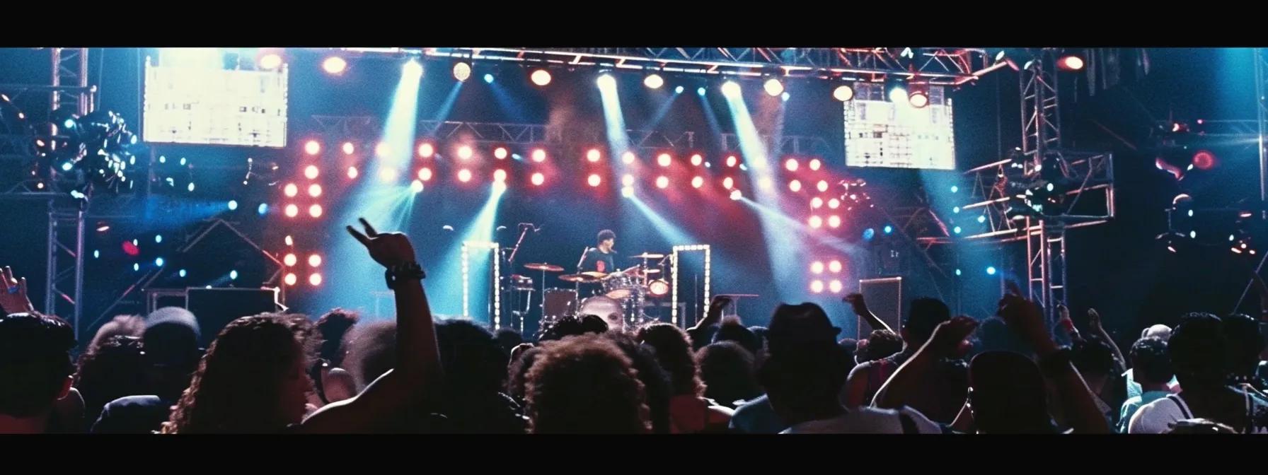 a vibrant concert scene captures the electrifying energy of an 80s live performance, featuring a dynamic artist on an elaborate stage, surrounded by dazzling lights and an enthusiastic crowd immersed in an unforgettable musical experience.