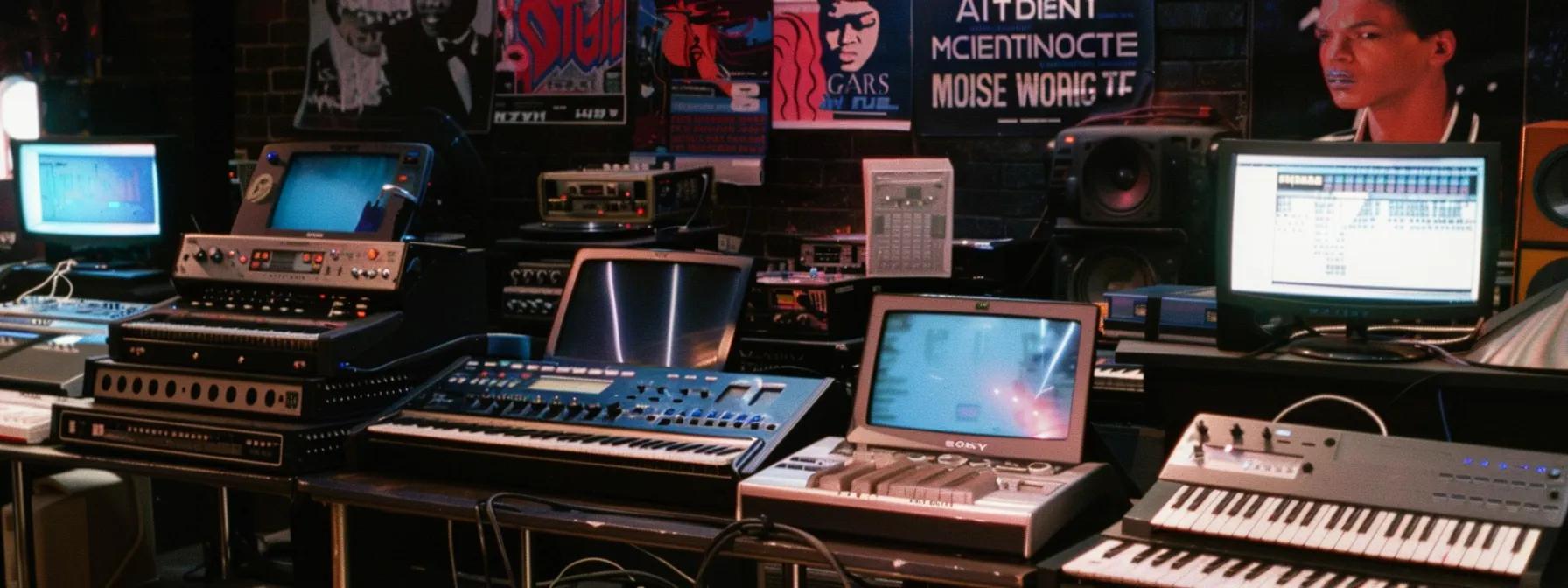 a vibrant urban music studio from the 1980s, featuring retro synthesizers, colorful neon lighting, and iconic posters of madonna and michael jackson, captures the dynamic fusion of rock, pop, and electronic elements that defined the era's cultural and musical revolution.