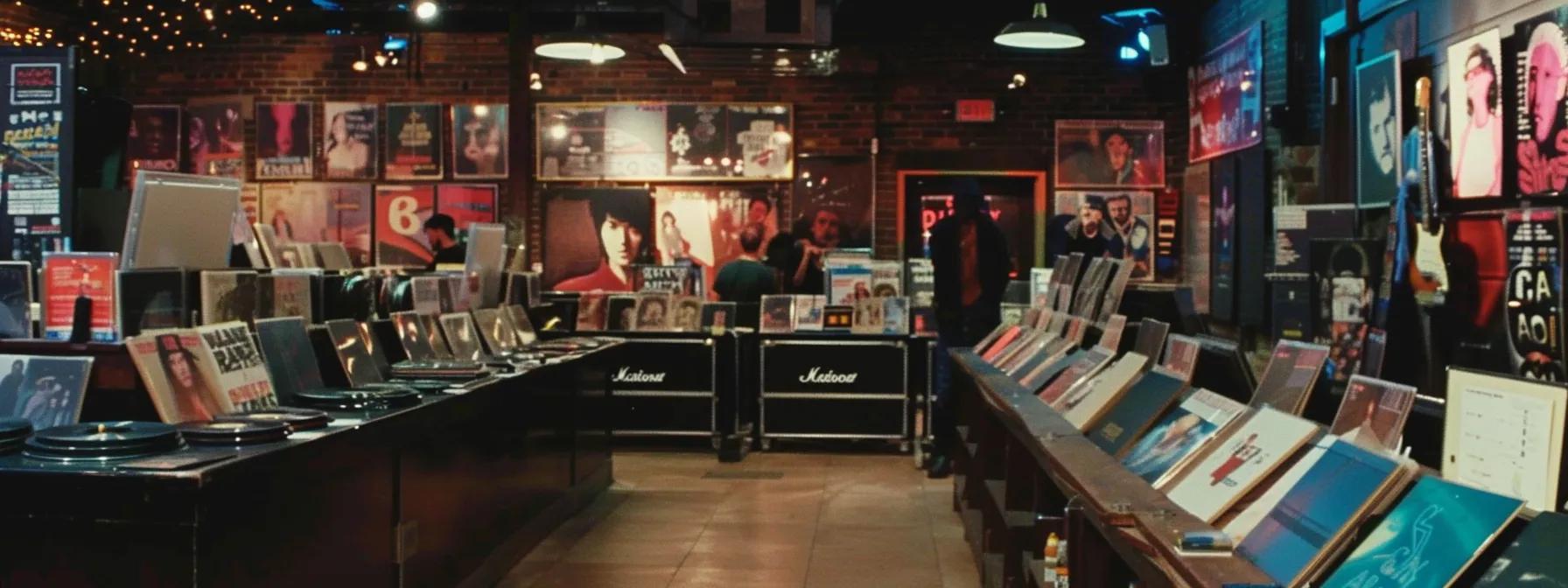 a vibrant urban record store interior showcases a colorful display of 80s music memorabilia, featuring eye-catching vintage concert posters and vinyl records, with enthusiastic collectors immersed in a nostalgic atmosphere filled with retro aesthetics.
