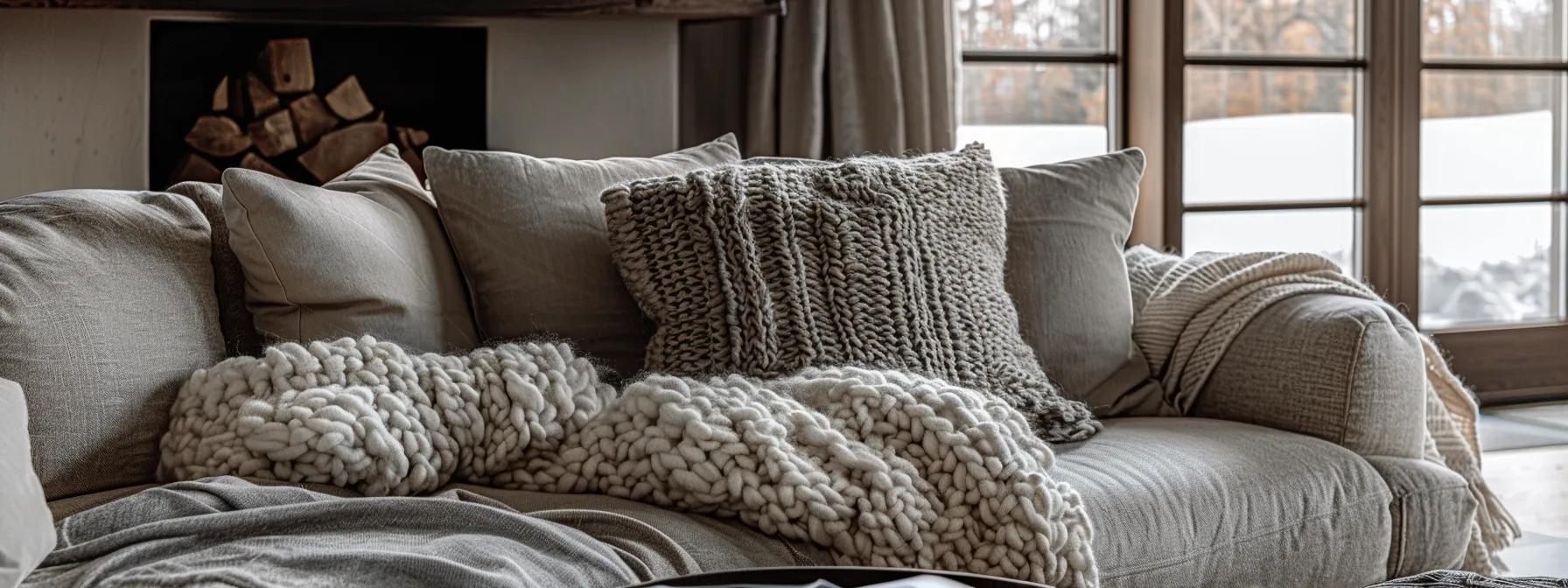 a cozy, elegantly styled living room featuring layered textiles—plush cushions, a chunky knit throw, and a luxurious area rug—creating a warm and inviting atmosphere perfect for winter relaxation.