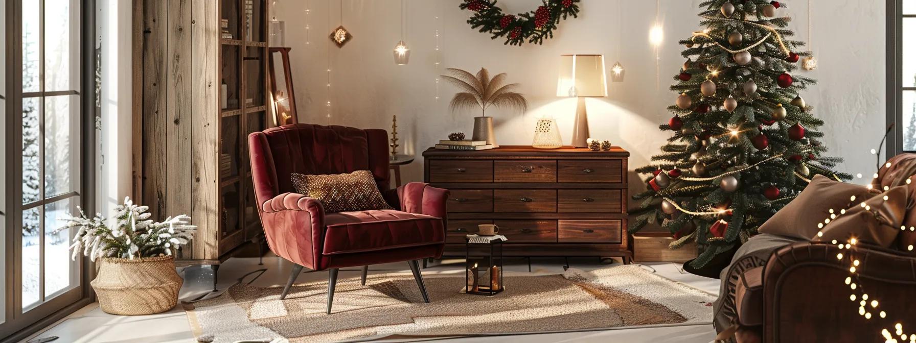 a cozy indoor setting showcases a beautifully styled living room featuring a rich burgundy velvet accent chair, intricate wooden furniture, and subtle festive decor, all enveloped in warm coffee-inspired and chocolatey hues to evoke a welcoming winter atmosphere.