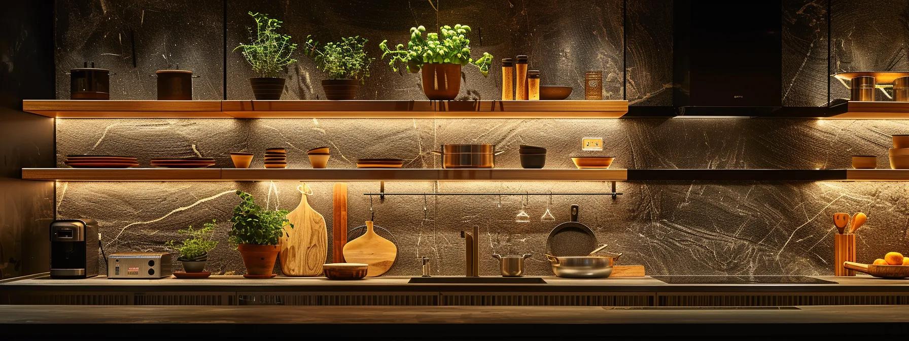 a modern kitchen showcasing a harmonious blend of natural stone countertops, textured backsplashes, and warm wooden accents, all illuminated by sleek metal fixtures, embodying the latest design innovations in materials and textures for 2023.