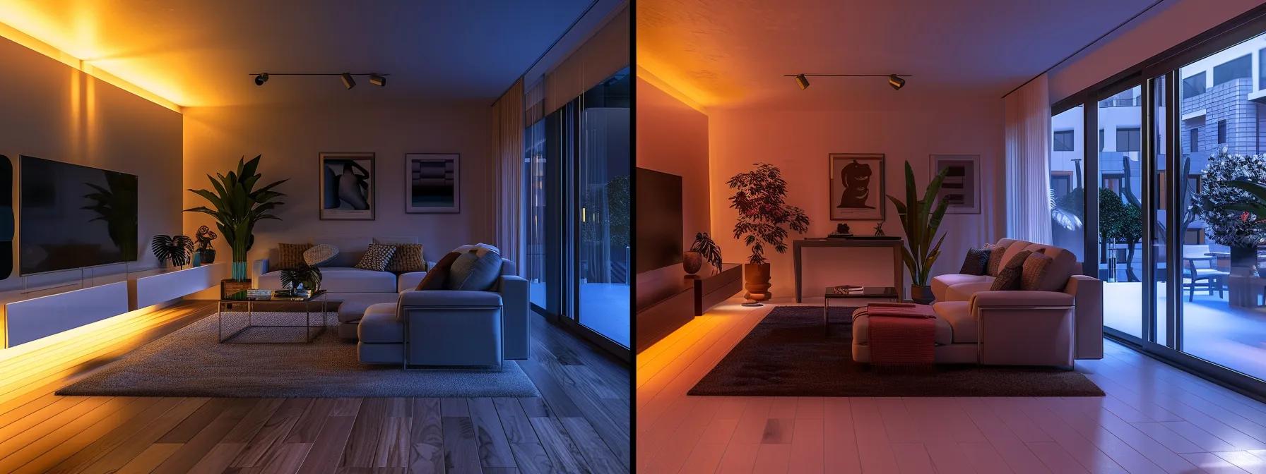 a modern living room with a thoughtfully arranged layout, featuring cozy seating zones, a sleek desk for productivity, and warm accent decor, all illuminated by ambient lighting to create an inspiring space for both relaxation and work.