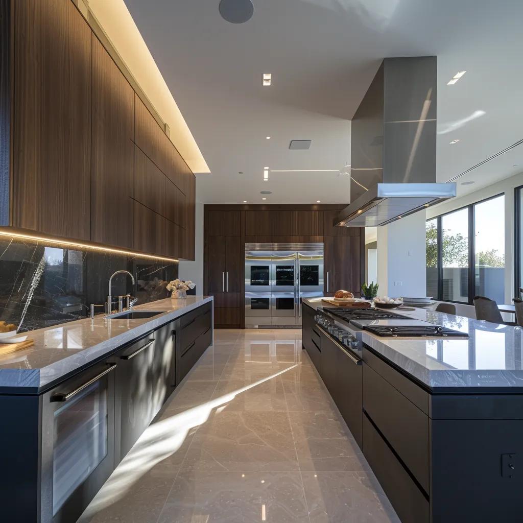 a sleek modern kitchen showcases bold geometric cabinetry and cutting-edge appliances, illuminated by warm recessed lighting, creating a stunning centerpiece for a stylish 2023 makeover.