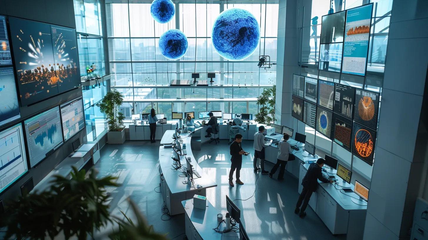 a captivating aerial view of a modern research laboratory filled with scientists examining high-resolution data screens, showcasing advanced climate models depicting fluctuations from the younger dryas period against a backdrop of sophisticated equipment and urban skyline through large windows.