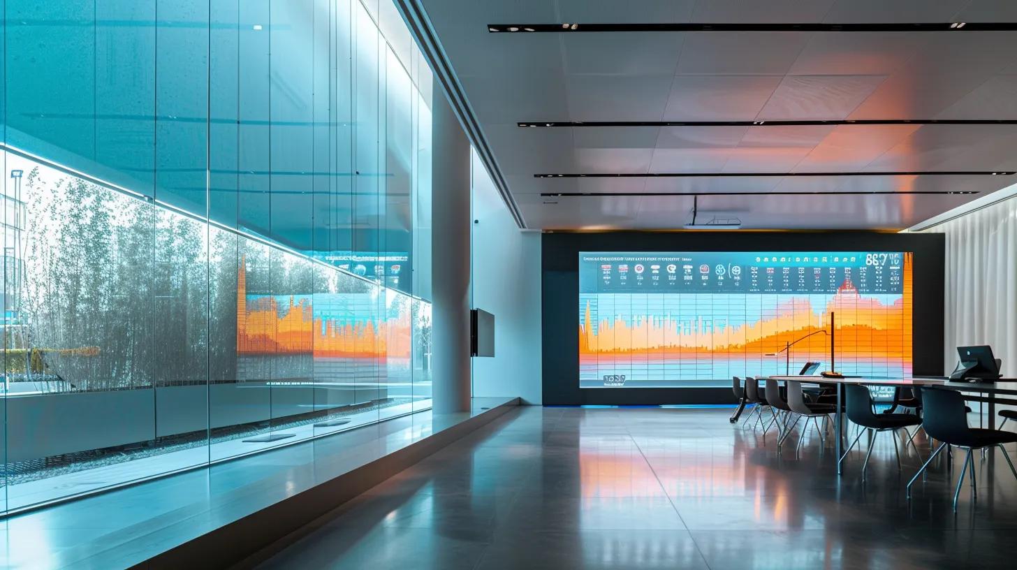 a dramatic, minimalist office space features a modern digital display showcasing dynamic graphs of temperature fluctuations and carbon dioxide levels, emphasizing the profound insights gleaned from ice age climate trends.
