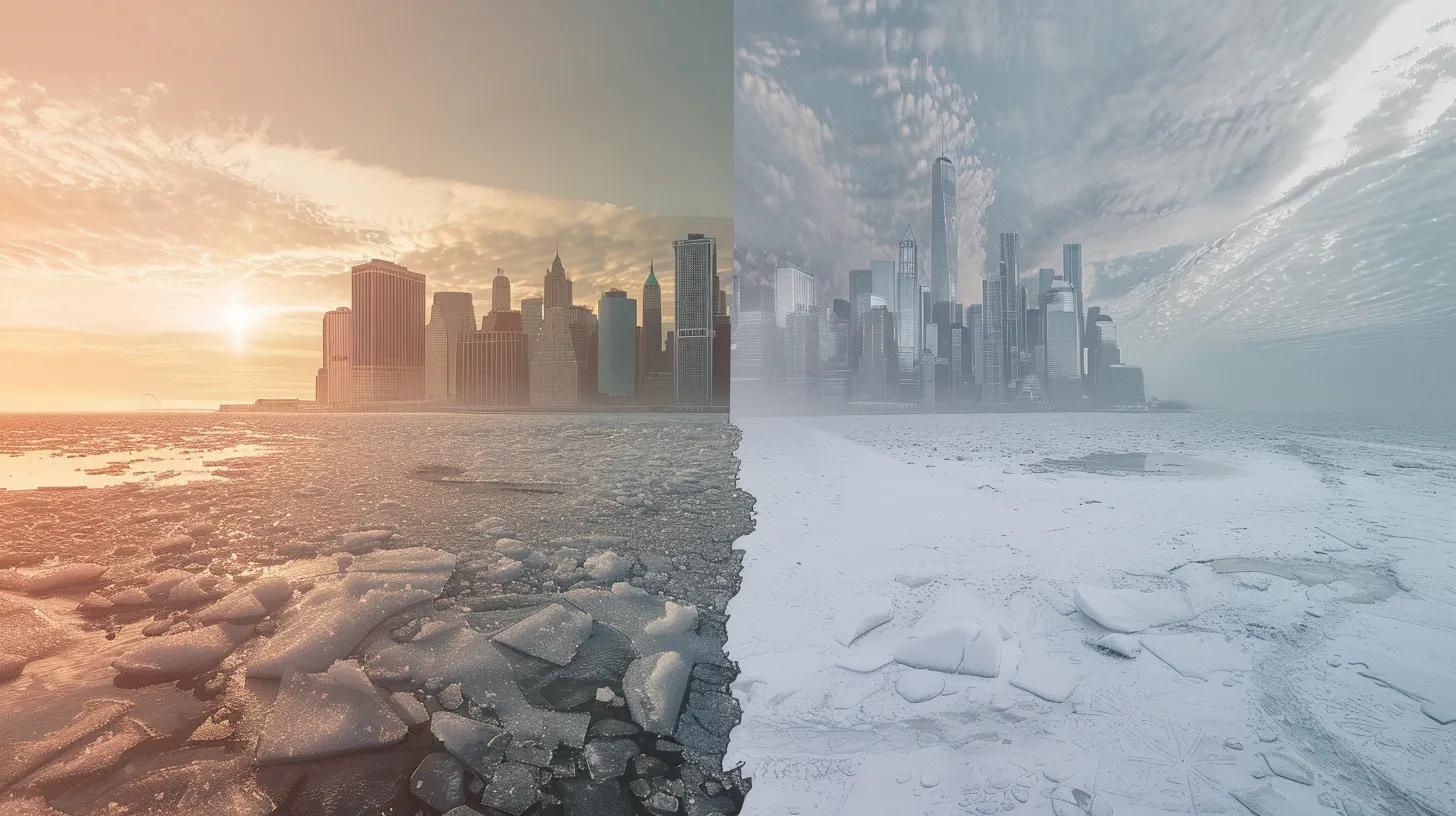 a dramatic split-scene image contrasting a stark, icy landscape from the ice age on one side, seamlessly transitioning to a bustling urban skyline enveloped in smog and faint signs of climate change on the other, emphasizing the stark differences in climates and environments.