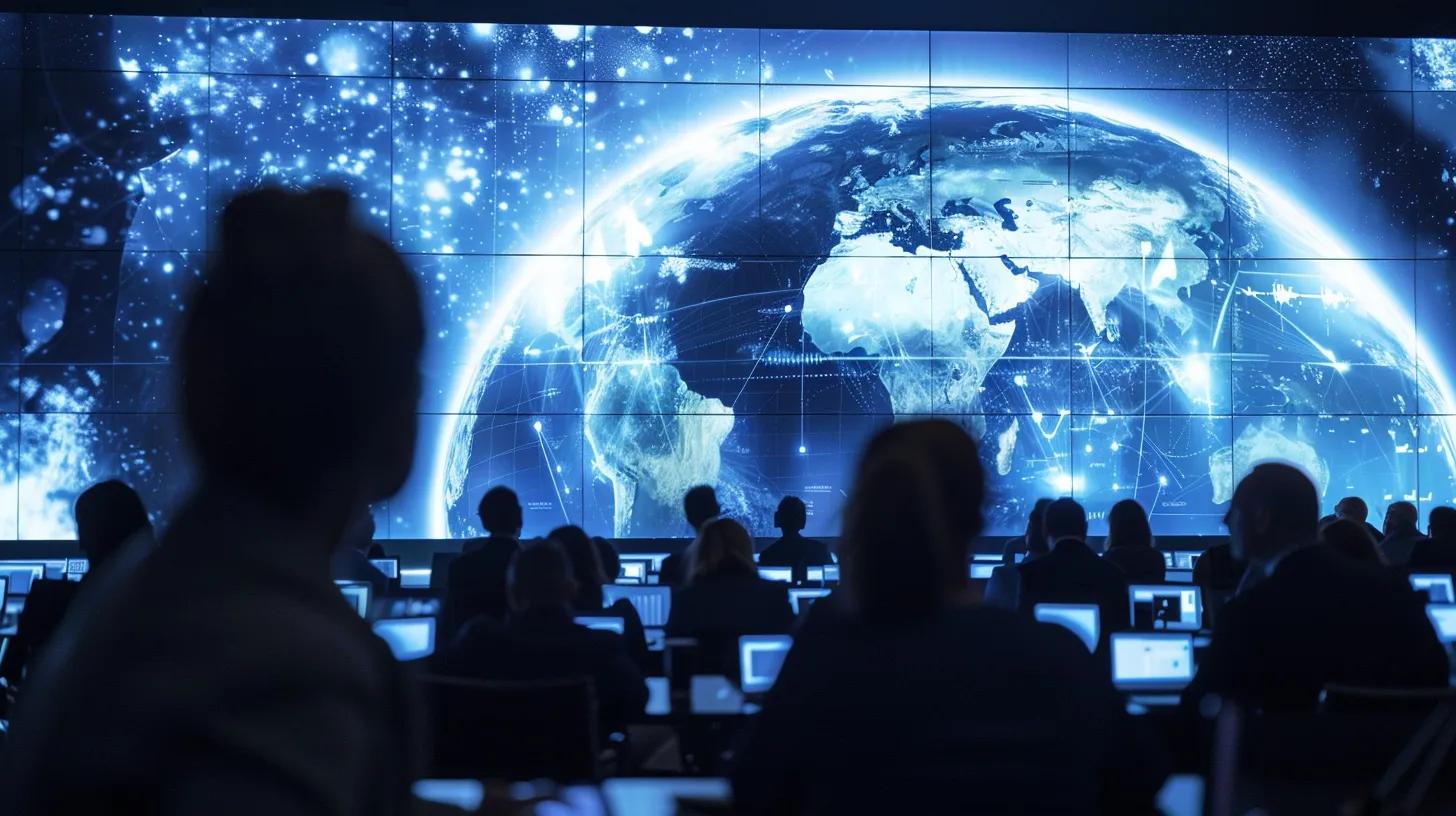 a modern conference room filled with engaged professionals analyzing data on large screens, with a futuristic climate model display highlighting the implications of the younger dryas event on current climate change challenges.