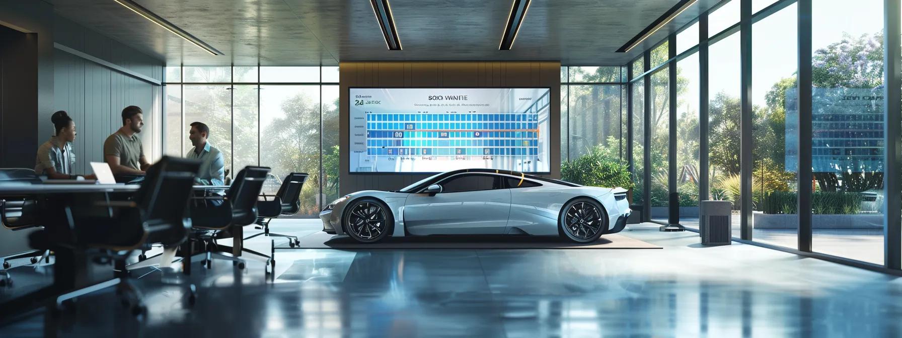 a sleek, modern office conference room features a large digital display showing a dynamic infographic comparing insurance rate variations between electric and gasoline vehicle models, while professionals engage in a focused discussion around a polished wooden table.