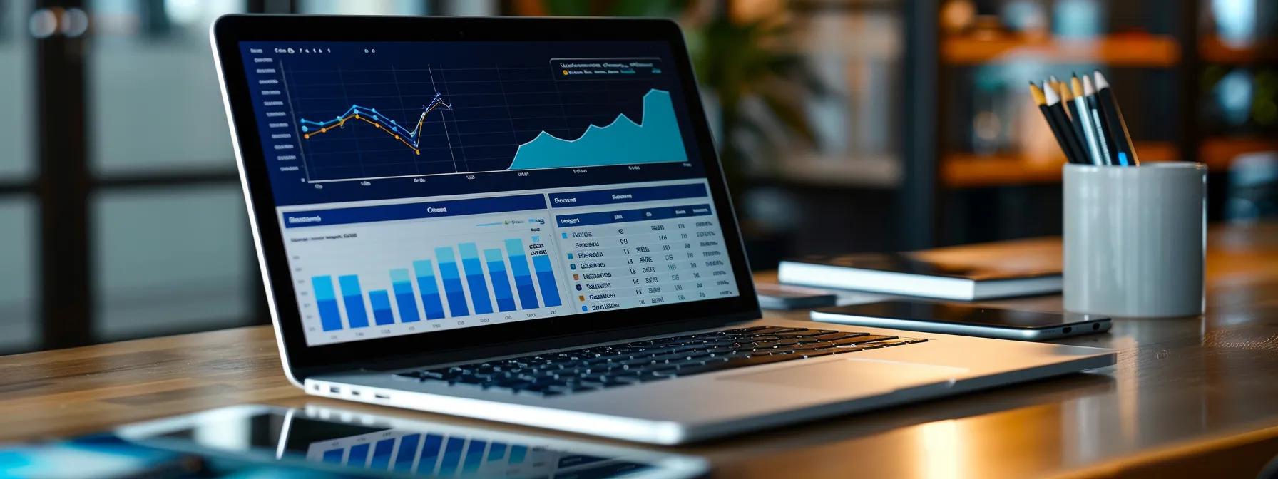 a sleek office workspace features a modern laptop displaying detailed graphs and charts related to fuel and charging cost analysis, illuminated by soft, focused lighting that highlights the financial implications of running expenses.