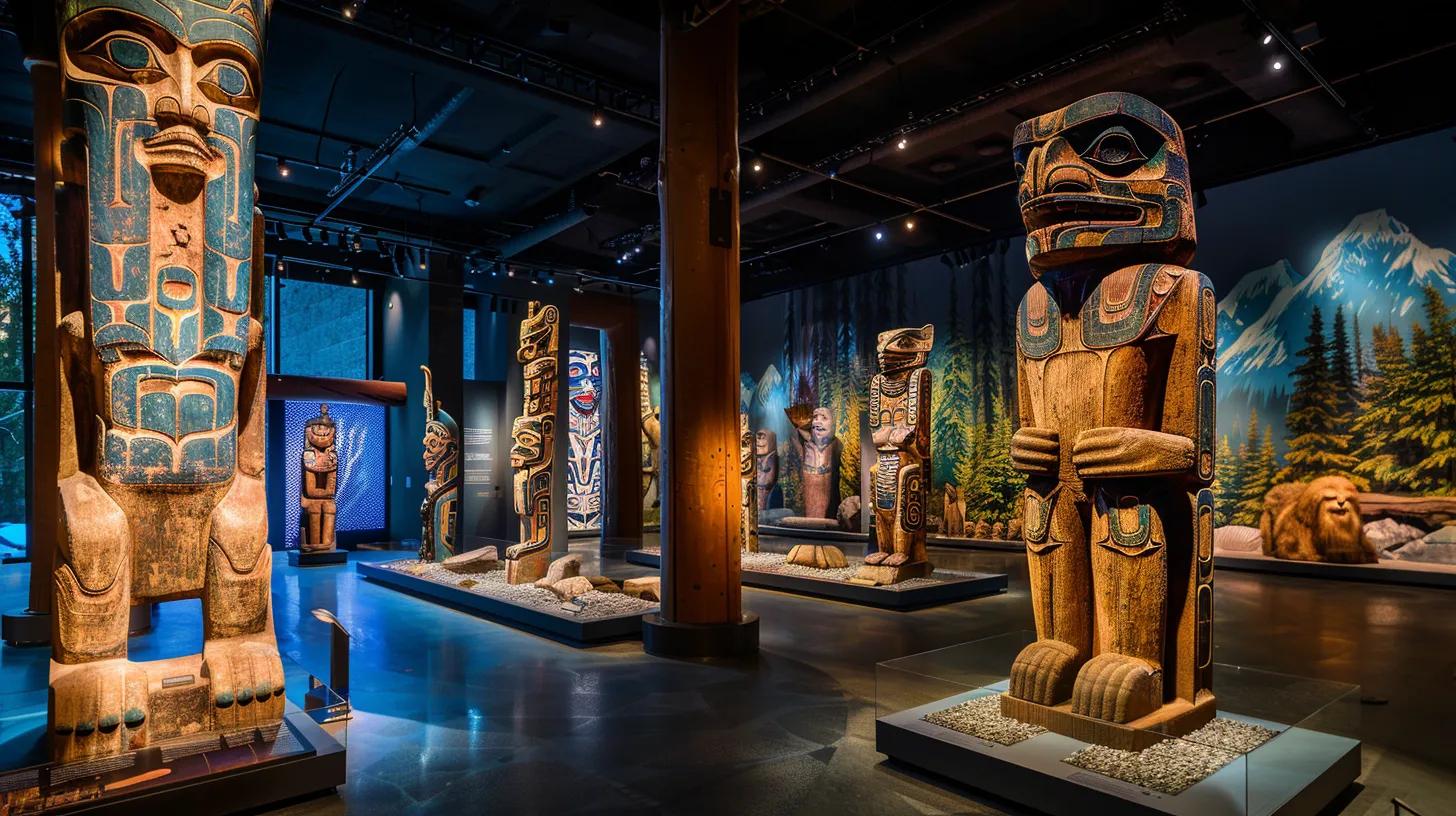 a striking urban gallery space features a large, multimedia exhibit showcasing ancient artifacts and visual representations of human resilience during the ice age, with dynamic lighting that highlights the intricate details and cultural narratives of survival strategies.
