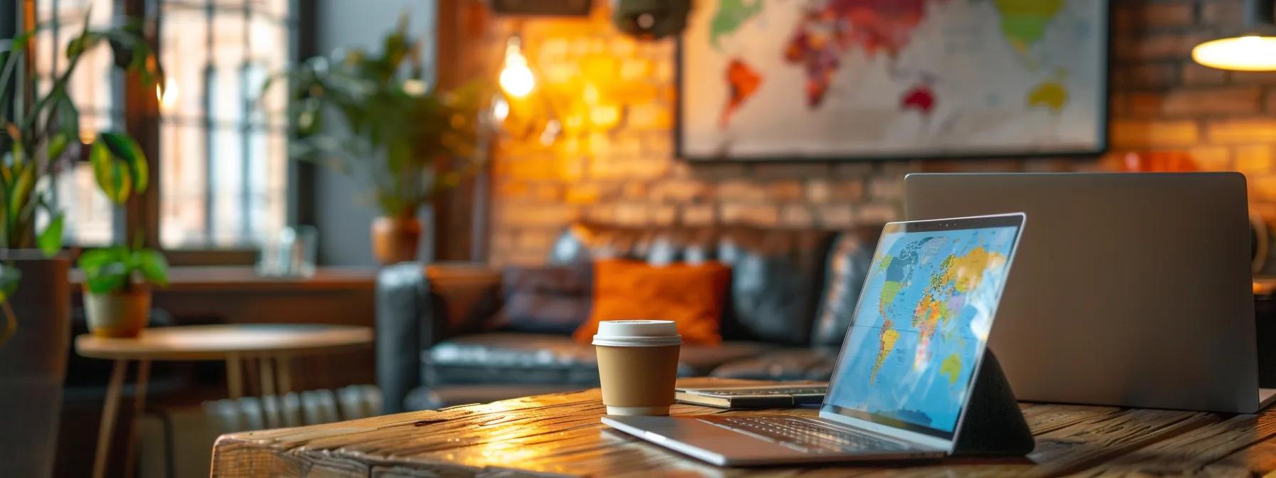 a sleek, modern co-working space features a laptop open on a stylish desk, with colorful travel maps and a cup of coffee, embodying the digital nomad lifestyle through an atmosphere of productivity and adventure.