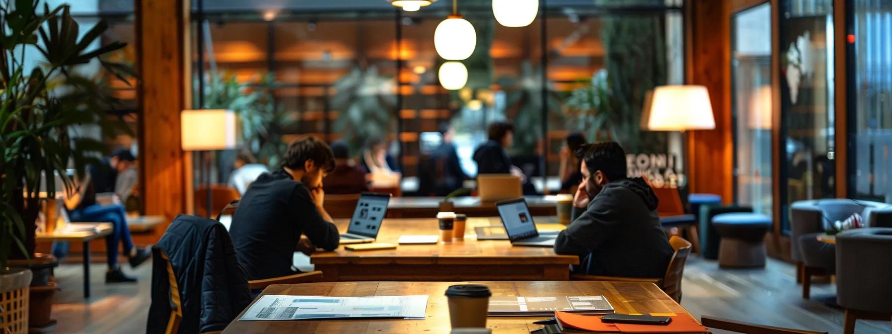 a sleek, modern co-working space bustling with focused digital nomads, complete with laptops, travel maps, and organized travel documents, illuminated by warm artificial lighting that emphasizes a professional yet dynamic remote work atmosphere.