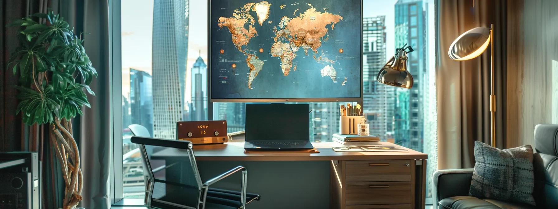 a sleek, modern workspace adorned with travel memorabilia, showcasing a stylish laptop, a world map pinned with destination markers, and a comfortable chair set against an urban backdrop featuring a skyline through a large window.