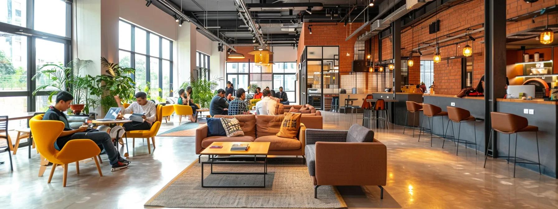 a vibrant coworking space bustling with digital nomads engaged in diverse activities, showcasing sleek technology, modern furniture, and inspiring decor that embodies the essence of a seamless remote work journey.