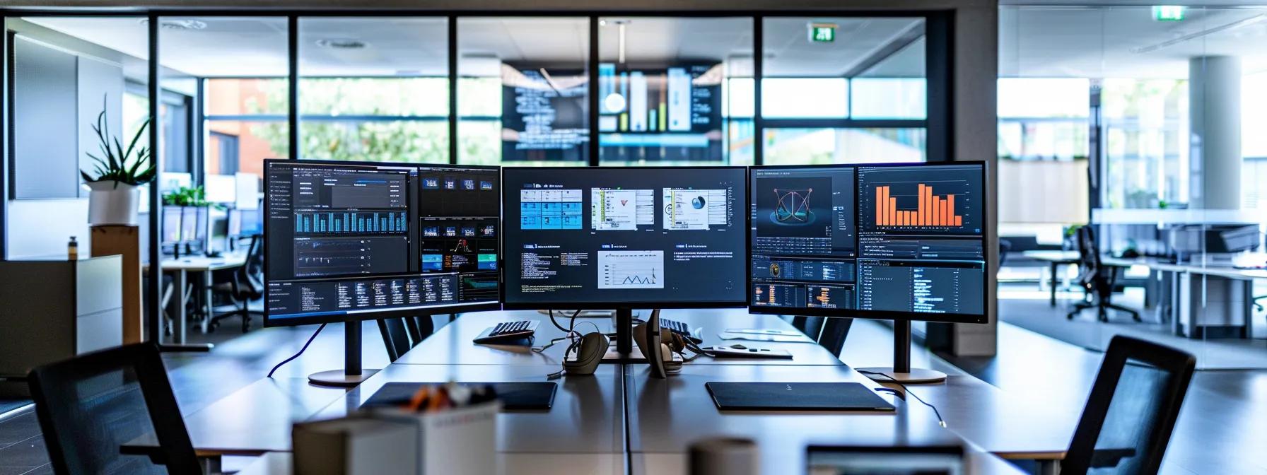 a modern office environment features a sleek workstation with multiple screens displaying vibrant low-code/no-code automation interfaces, showcasing a user actively engaging with intuitive workflows and digital resources.