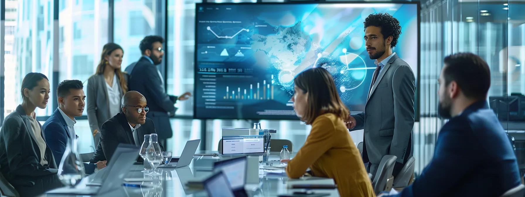 a sleek, modern office space filled with diverse professionals engaging in dynamic discussions around digital displays showcasing low-code and no-code automation tools, highlighting their intuitive interfaces and integration capabilities.