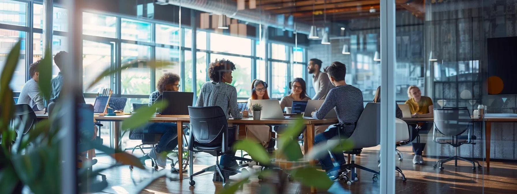 a vibrant office space showcases a diverse group of professionals collaborating around a sleek digital interface, actively designing automated test workflows using no code tools, illustrating the seamless integration of technology in quality assurance processes.