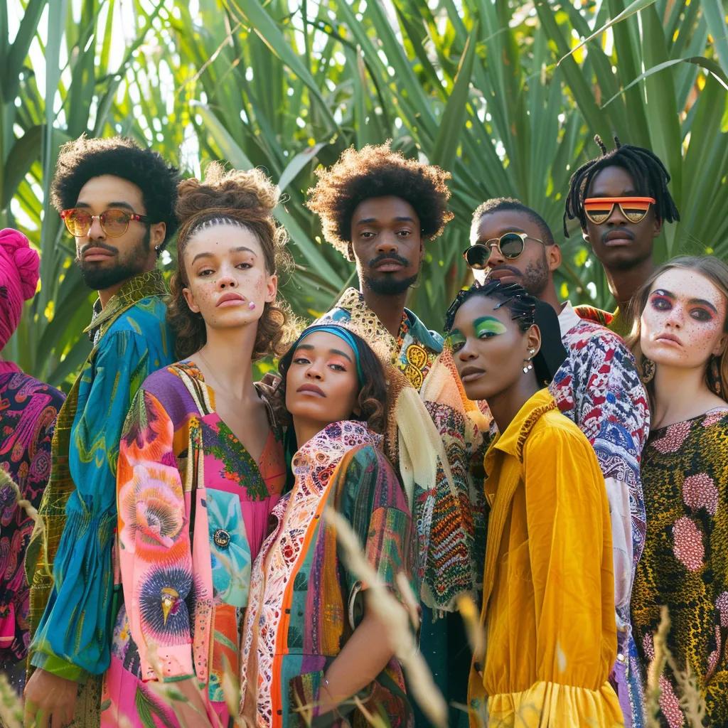 Diverse individuals in eco-friendly clothing enjoying nature, representing sustainable fashion trends