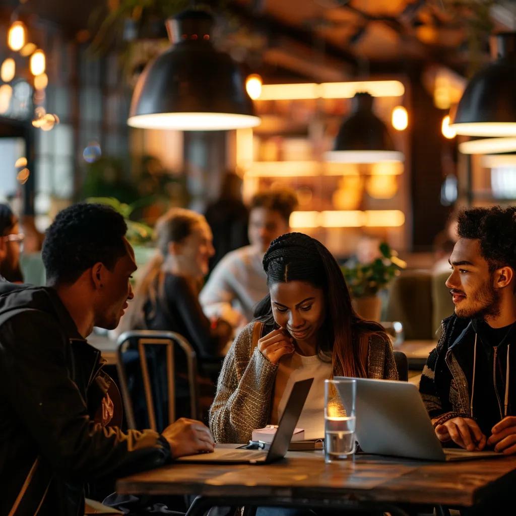 Diverse group of people using digital currency in a cozy café setting