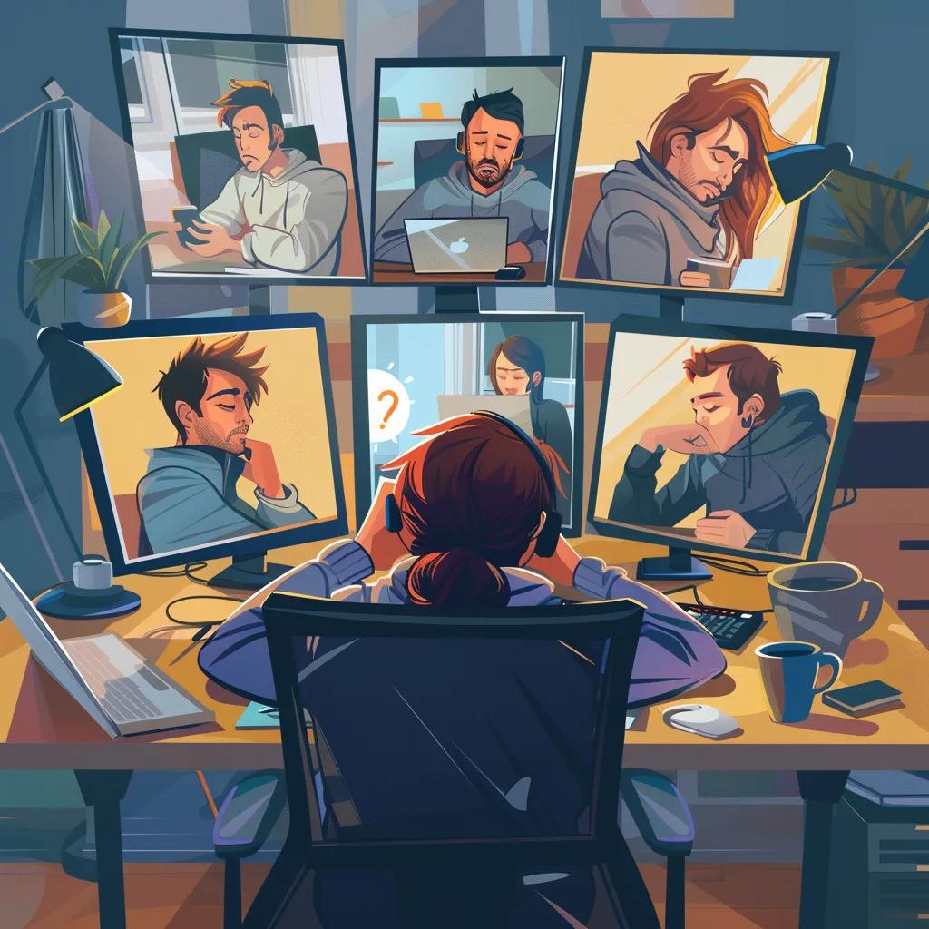 Tired employee in a cluttered workspace during a virtual meeting, illustrating virtual meeting fatigue
