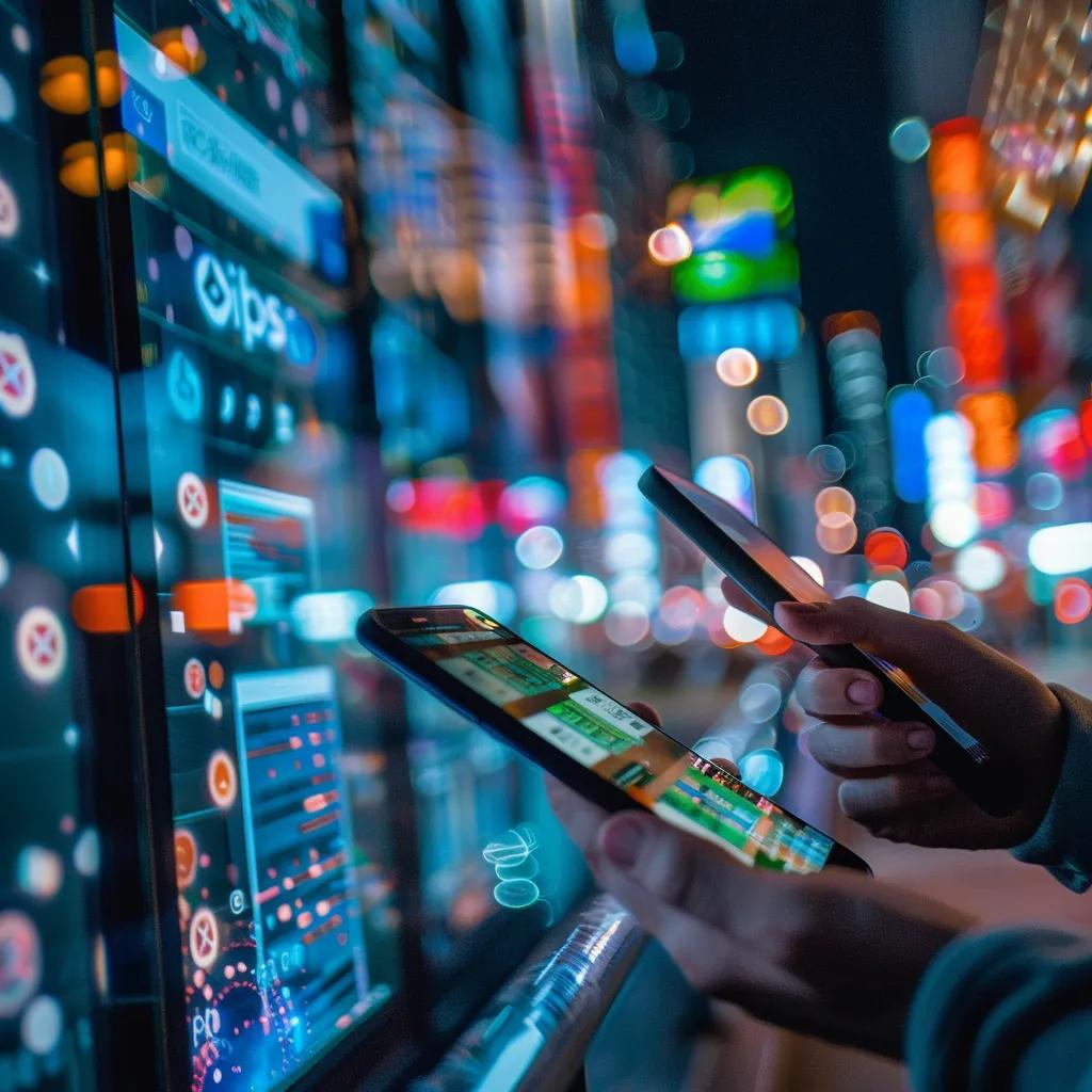 Hands holding smartphones with digital currency apps against a city backdrop