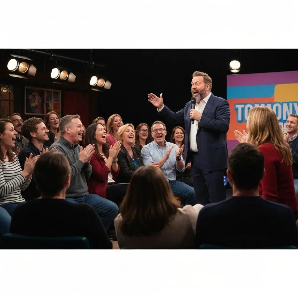 Late-night host discussing breaking news with an engaged audience